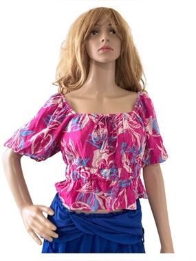 Floral Off-Shoulder Pink Puff-Sleeve Crop Top